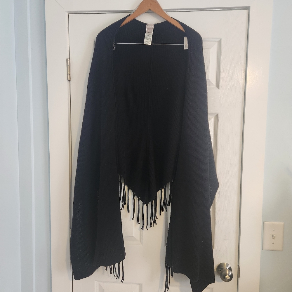 Chico's black wrap, shawl, sweater, cape, with fringe, Size L/XL